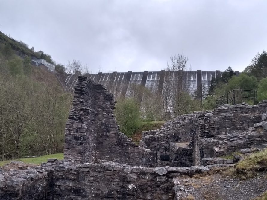 Bryntail mine buildings with dam beyond